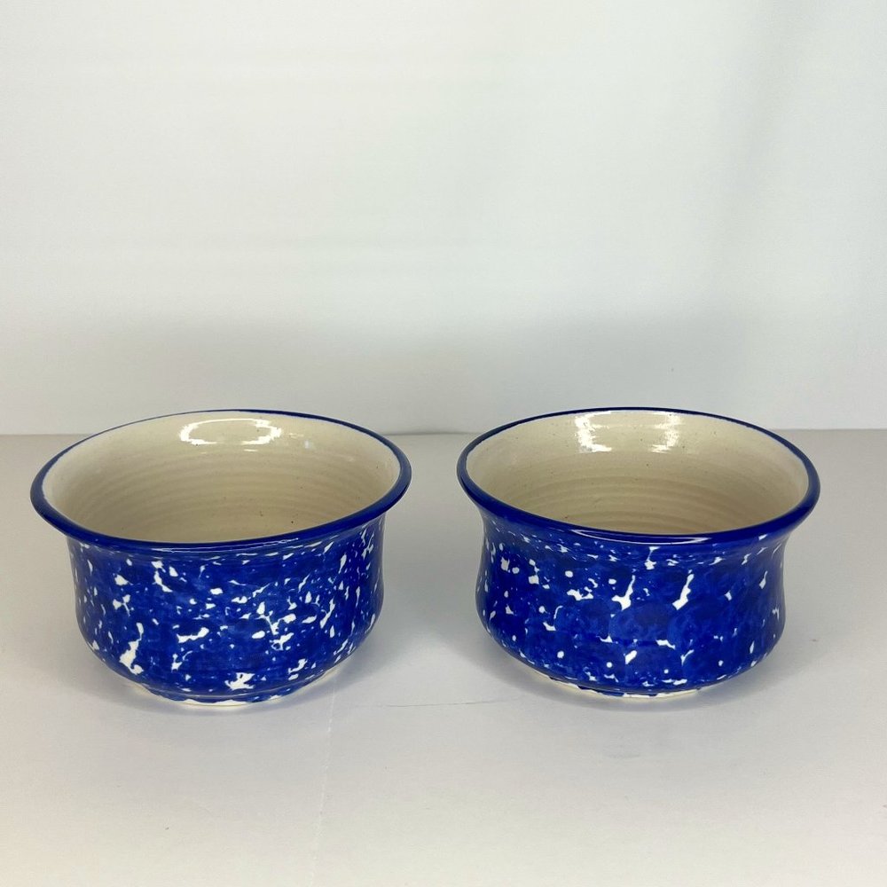 Apple Baker 2 Blue White Glazed Spongeware Pottery Baking Dish Bowl Signed Artis